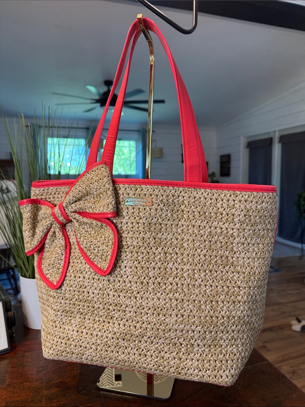 kate spade Natural Straw Tote with Pink Trim and Bow